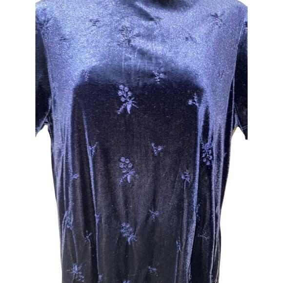 Vintage 90s CDC Caren Desiree Company Blue Velvet Mock Neck Short Sleeve Dress - Picture 3 of 4